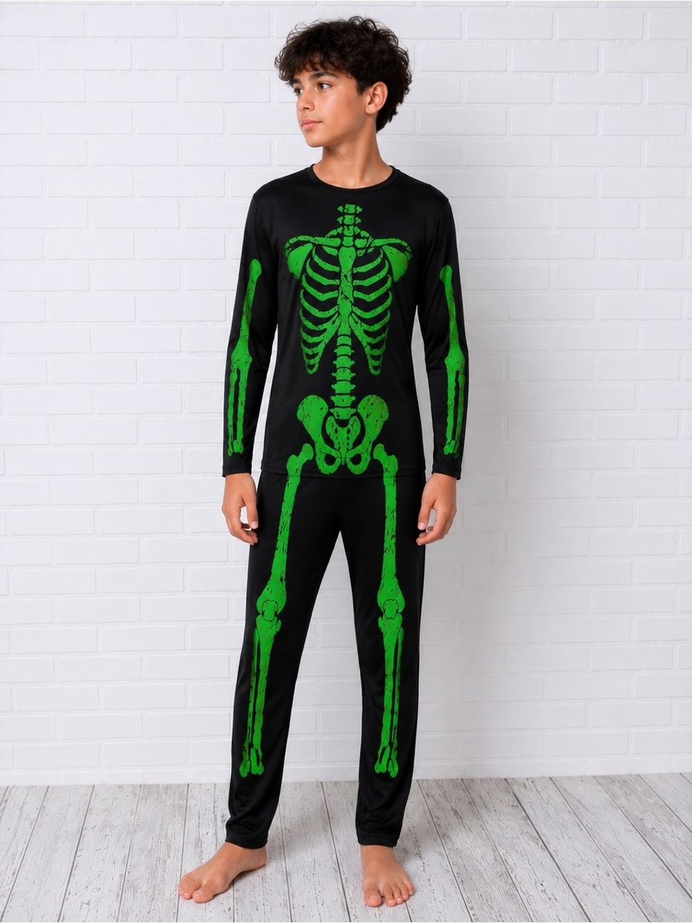 Boys Skeleton Costume Jumpsuit Black & Neon Green Halloween One Piece Size L/XL